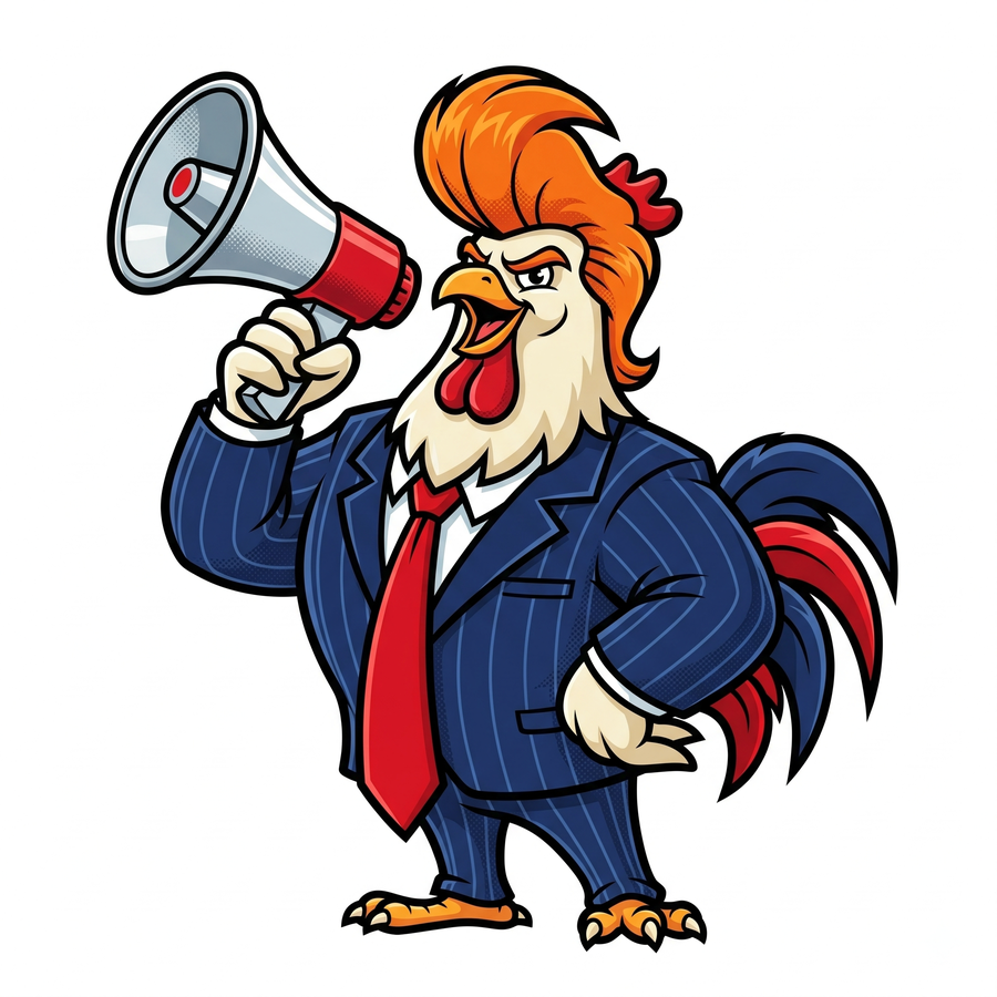 The Magaphone's rooster mascot in a pinstripe suit shouting into an oversized megaphone